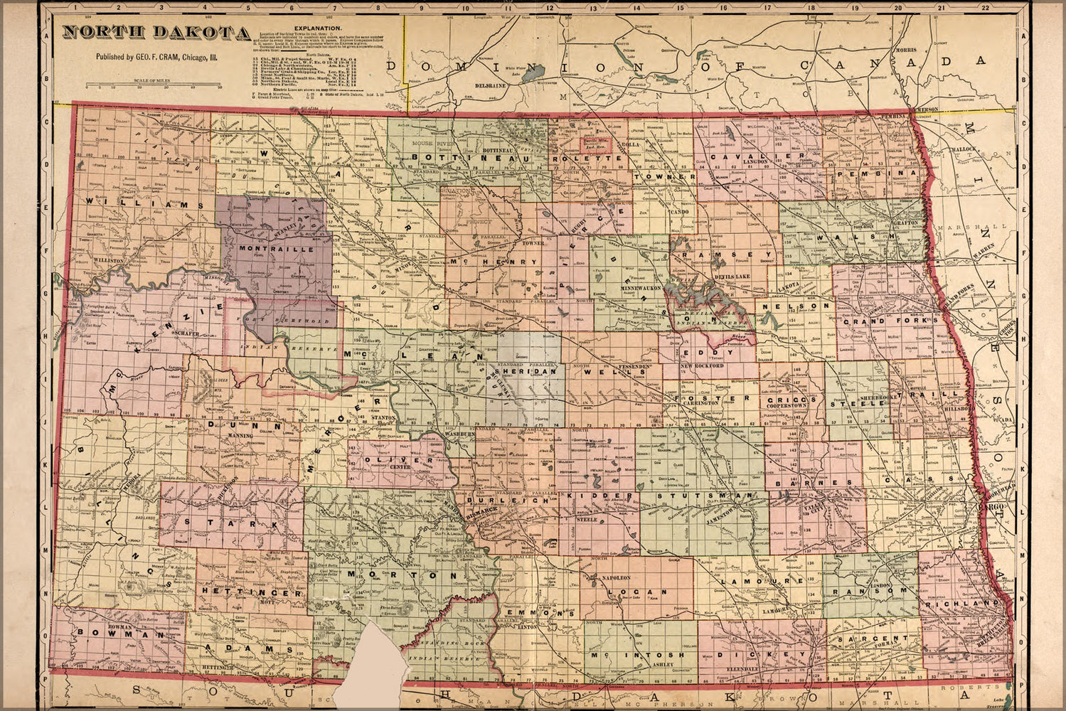 24"x36" Gallery Poster, map of north dakota 1910