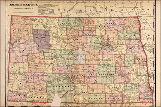 24"x36" Gallery Poster, map of north dakota 1910