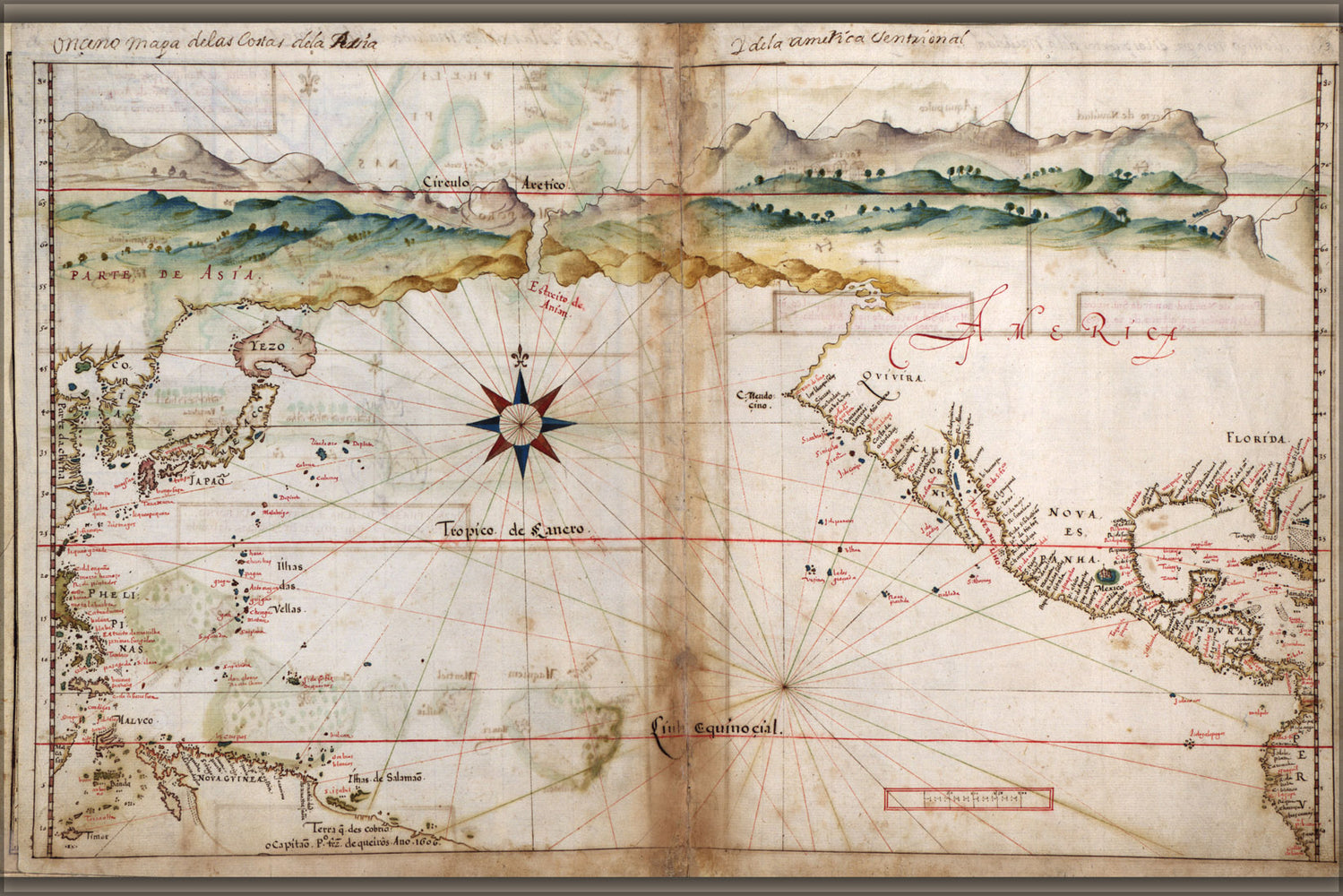 24"x36" Gallery Poster, map of north pacific ocean 1630 with japan north america