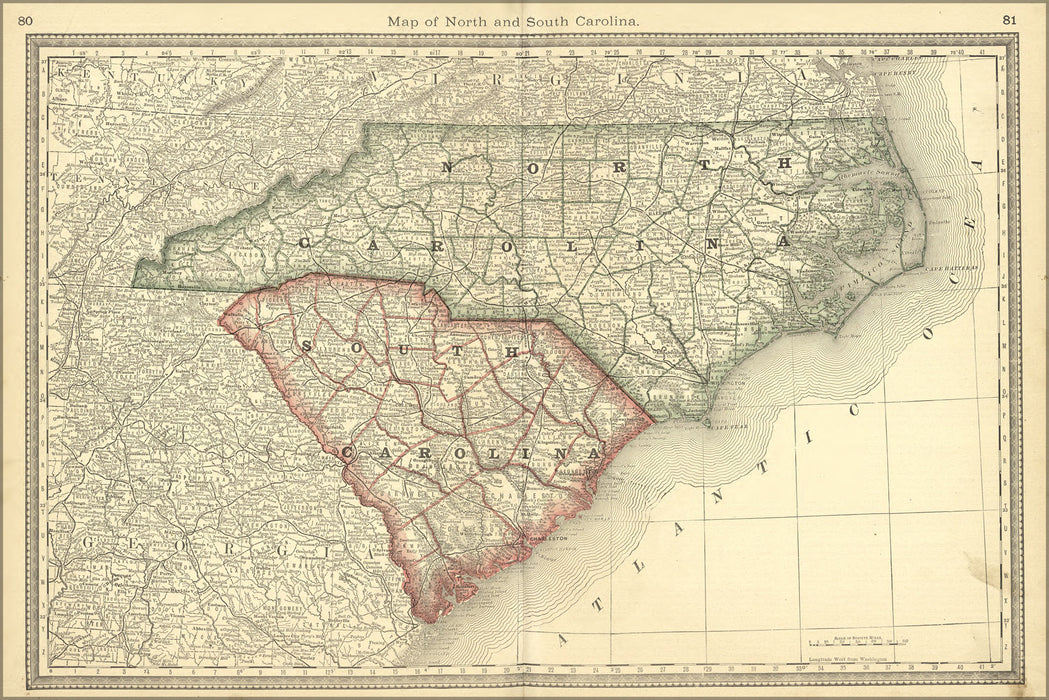 24"x36" Gallery Poster, map of north & south carolina 1881