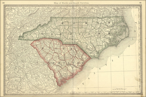 24"x36" Gallery Poster, map of north & south carolina 1881