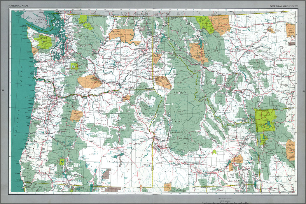 24"x36" Gallery Poster, map of pacific Northwestern States oregon 1970