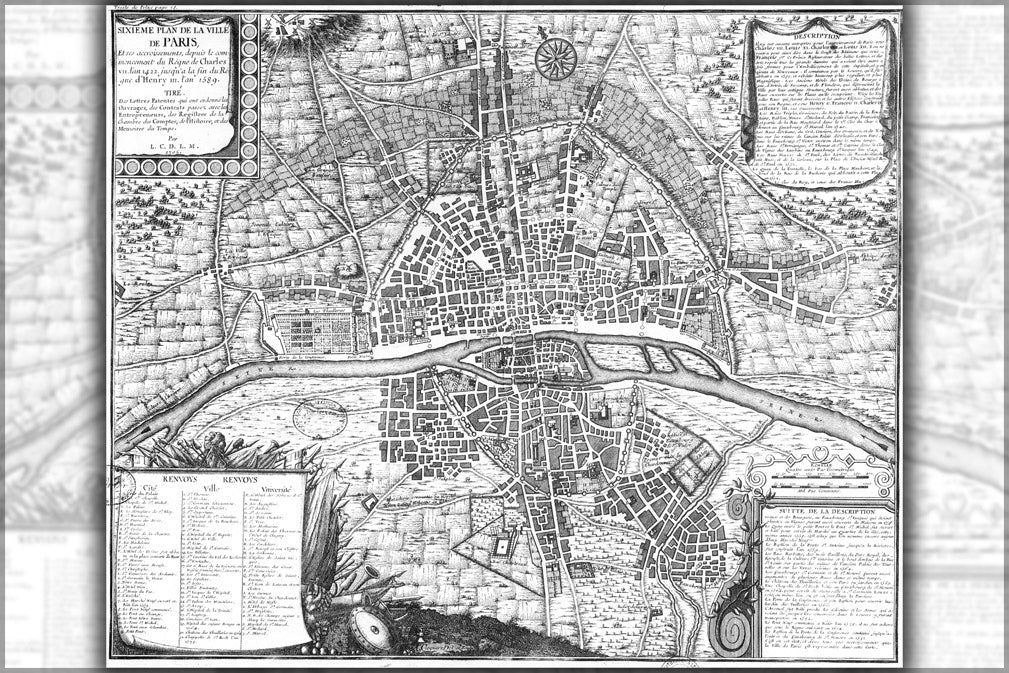 24"x36" Gallery Poster, map of paris france from 1422 to 1589