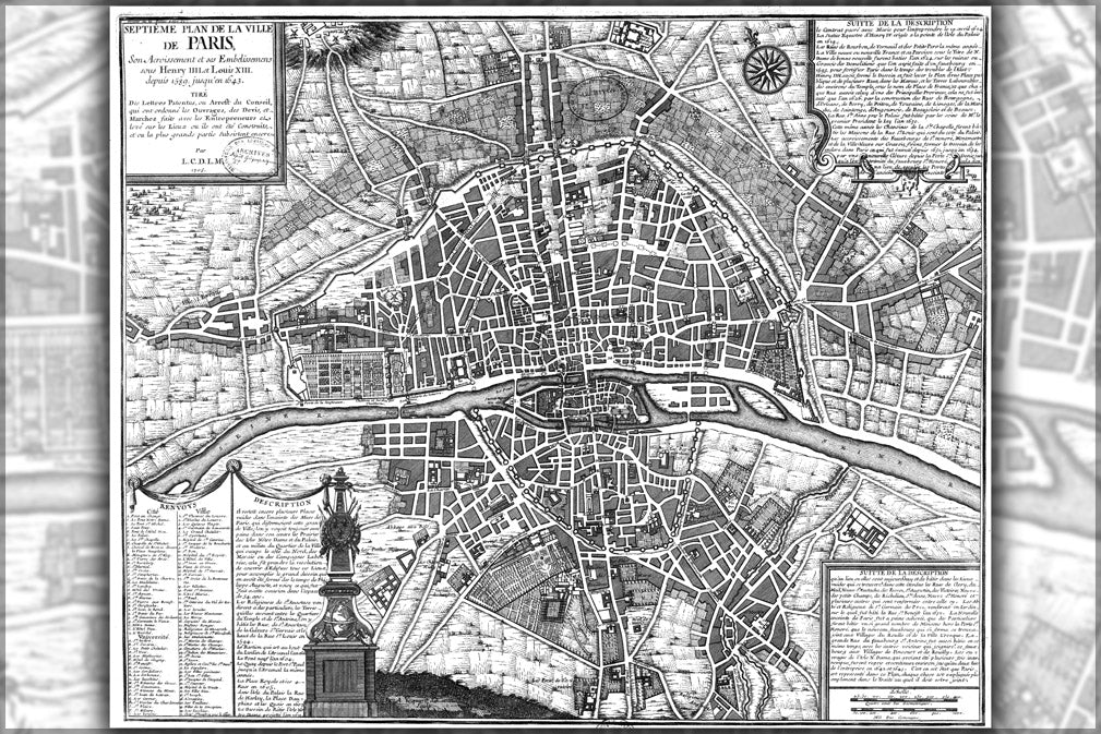 24"x36" Gallery Poster, map of paris france from 1589 to 1643