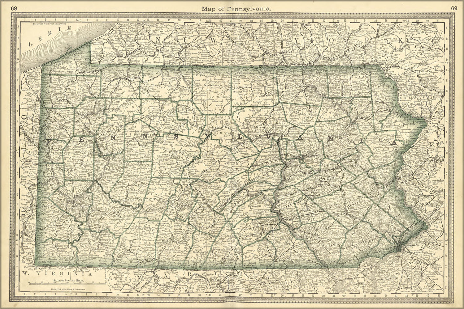 24"x36" Gallery Poster, map of pennsylvania 1881