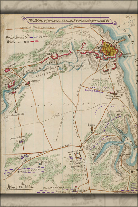 24"x36" Gallery Poster, map of positions battle of Yorktown Virginia 1862