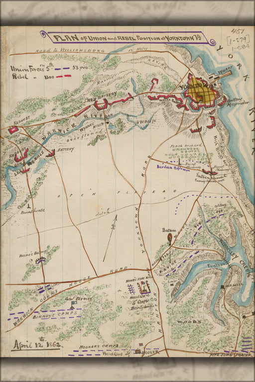 24"x36" Gallery Poster, map of positions battle of Yorktown Virginia 1862