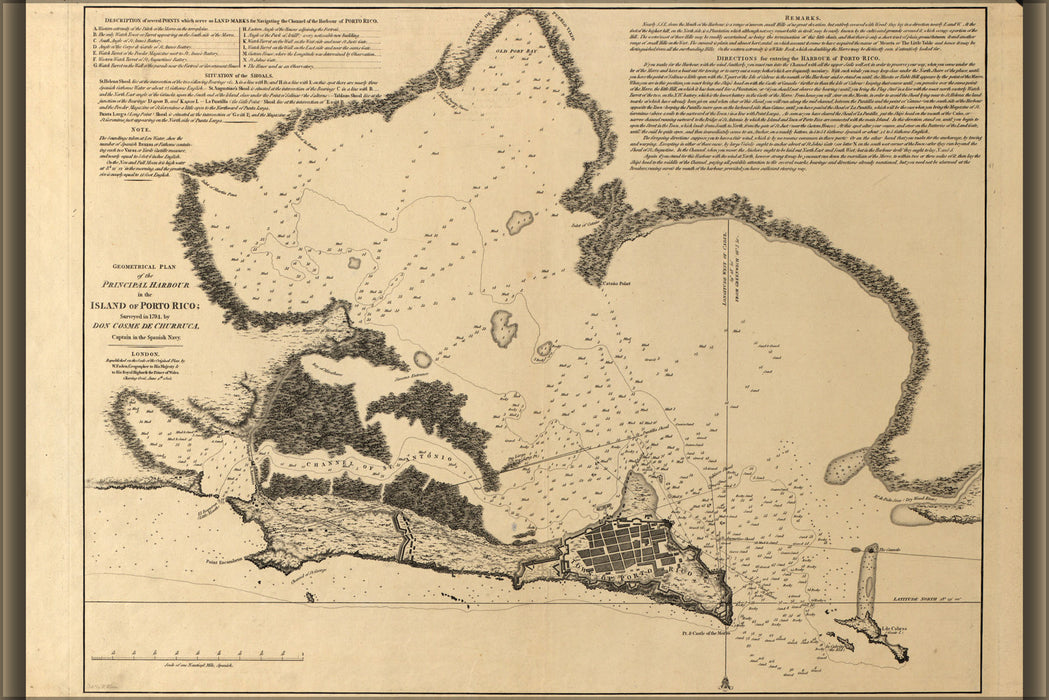 24"x36" Gallery Poster, map of puerto rico harbor 1794