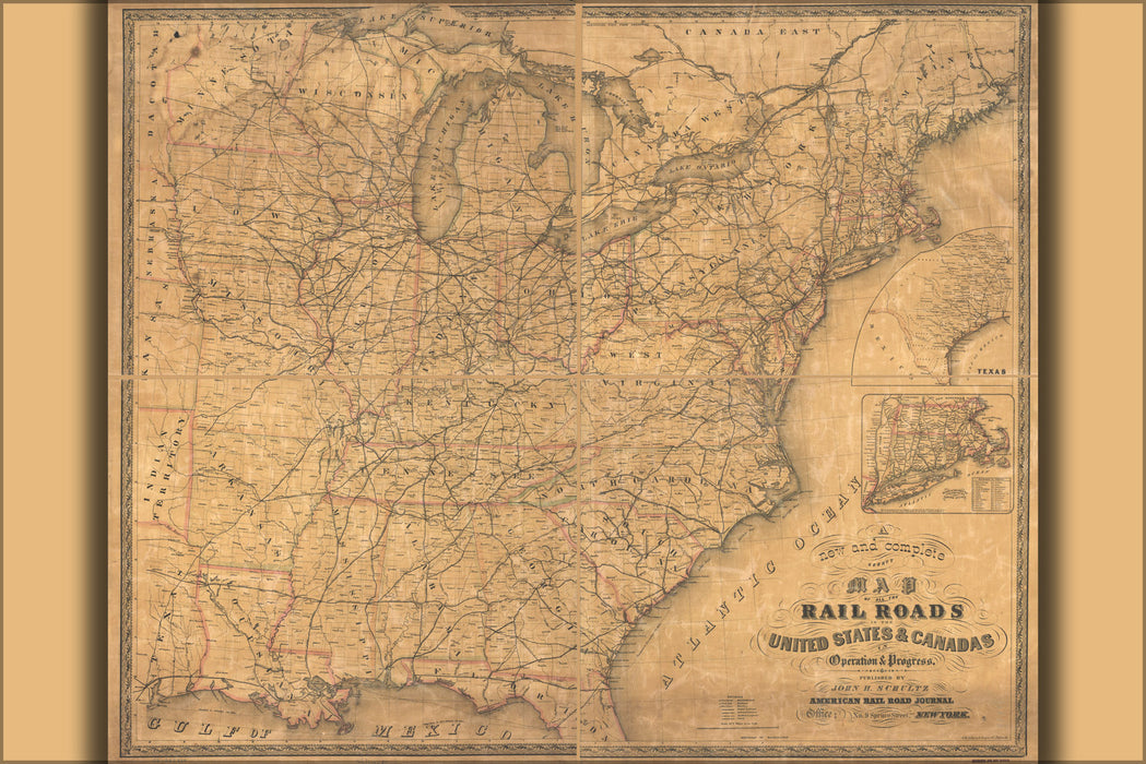 24"x36" Gallery Poster, map of railroads in United States & Canadas 1857