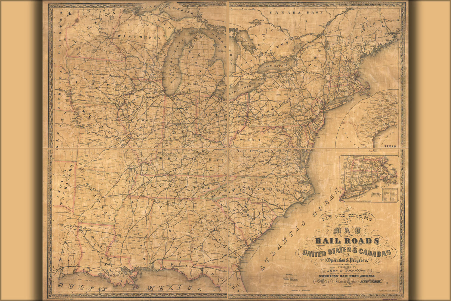 24"x36" Gallery Poster, map of railroads in United States & Canadas 1857