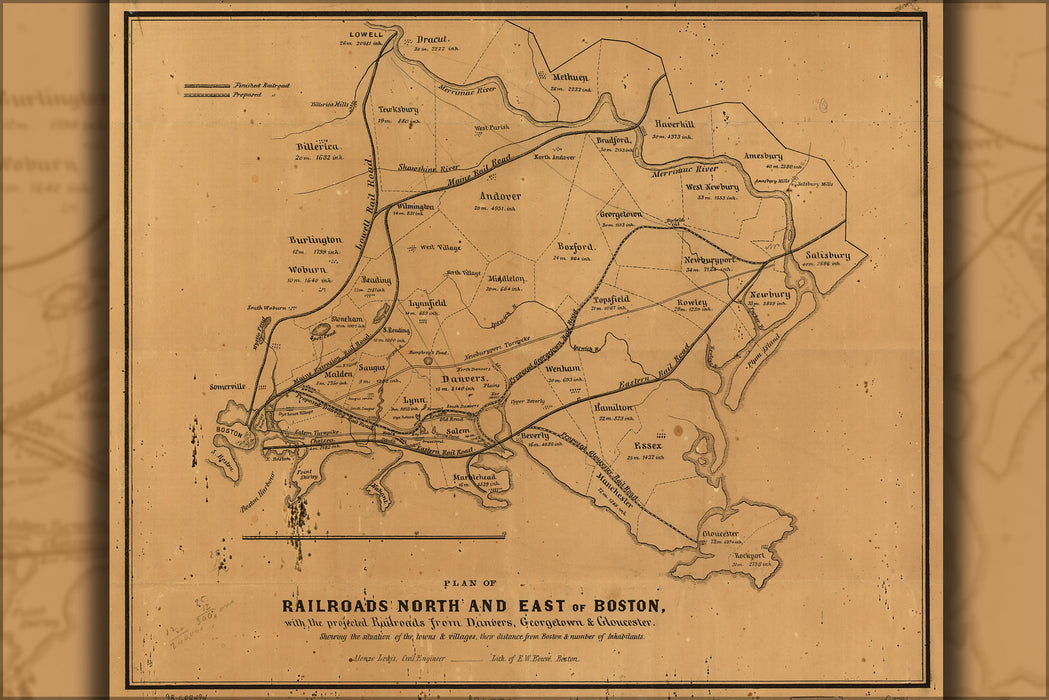 24"x36" Gallery Poster, map of railroads north and east of Boston 1850