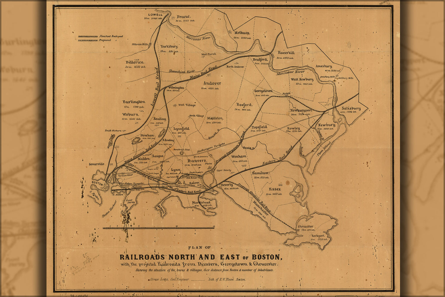 24"x36" Gallery Poster, map of railroads north and east of Boston 1850