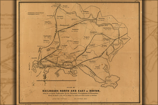24"x36" Gallery Poster, map of railroads north and east of Boston 1850