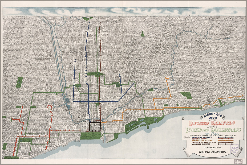 24"x36" Gallery Poster, map of railroads parks boulevards in Chicago 1908