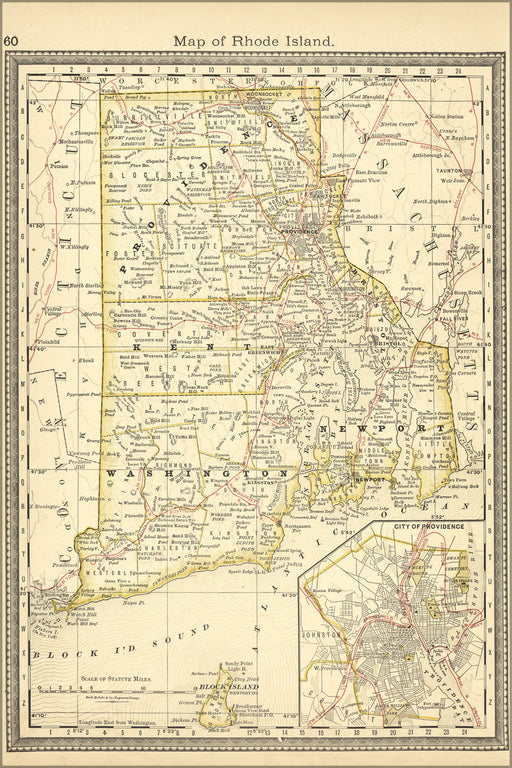 24"x36" Gallery Poster, map of rhode island 1881