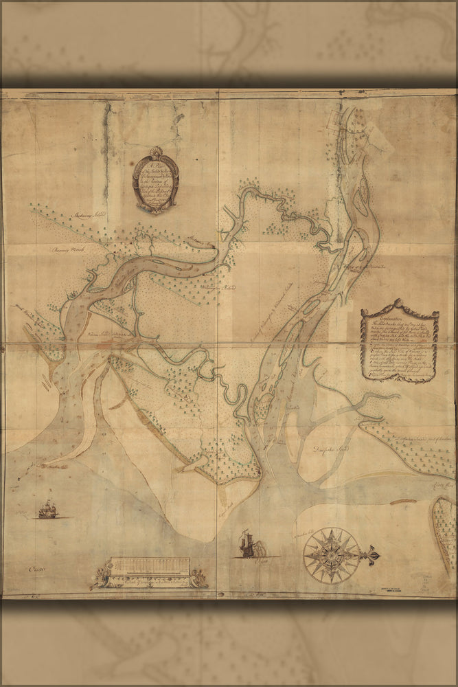 24"x36" Gallery Poster, map of rivers of Savannah & Warsaw Georgia 1751
