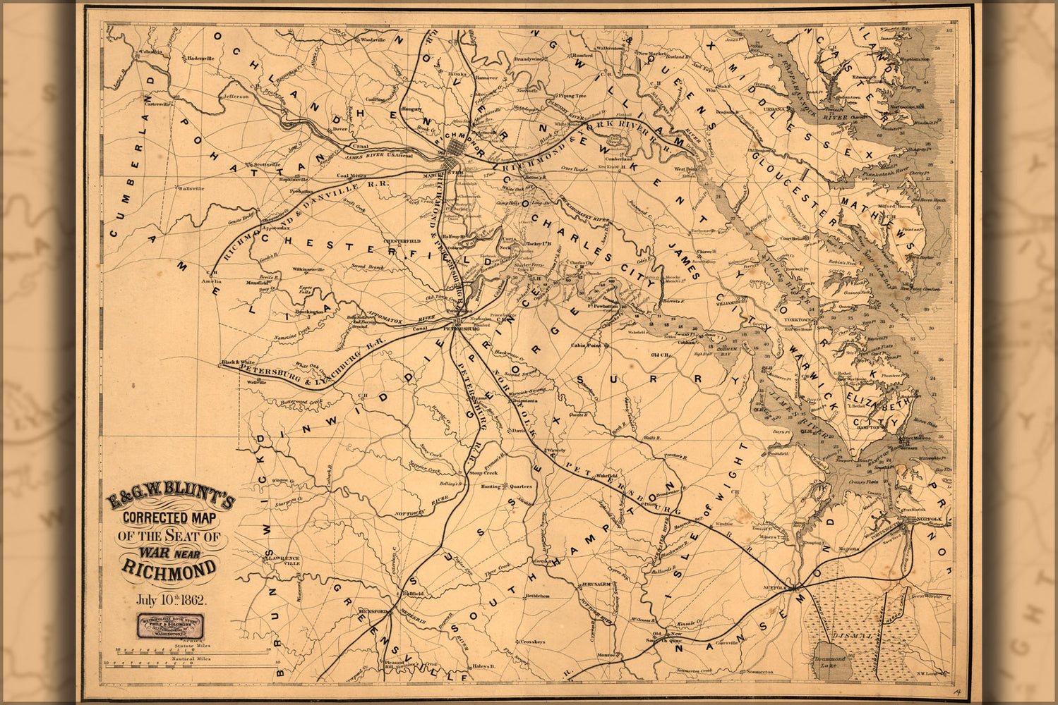 24"x36" Gallery Poster, map of seat of war near Richmond virginia 1862
