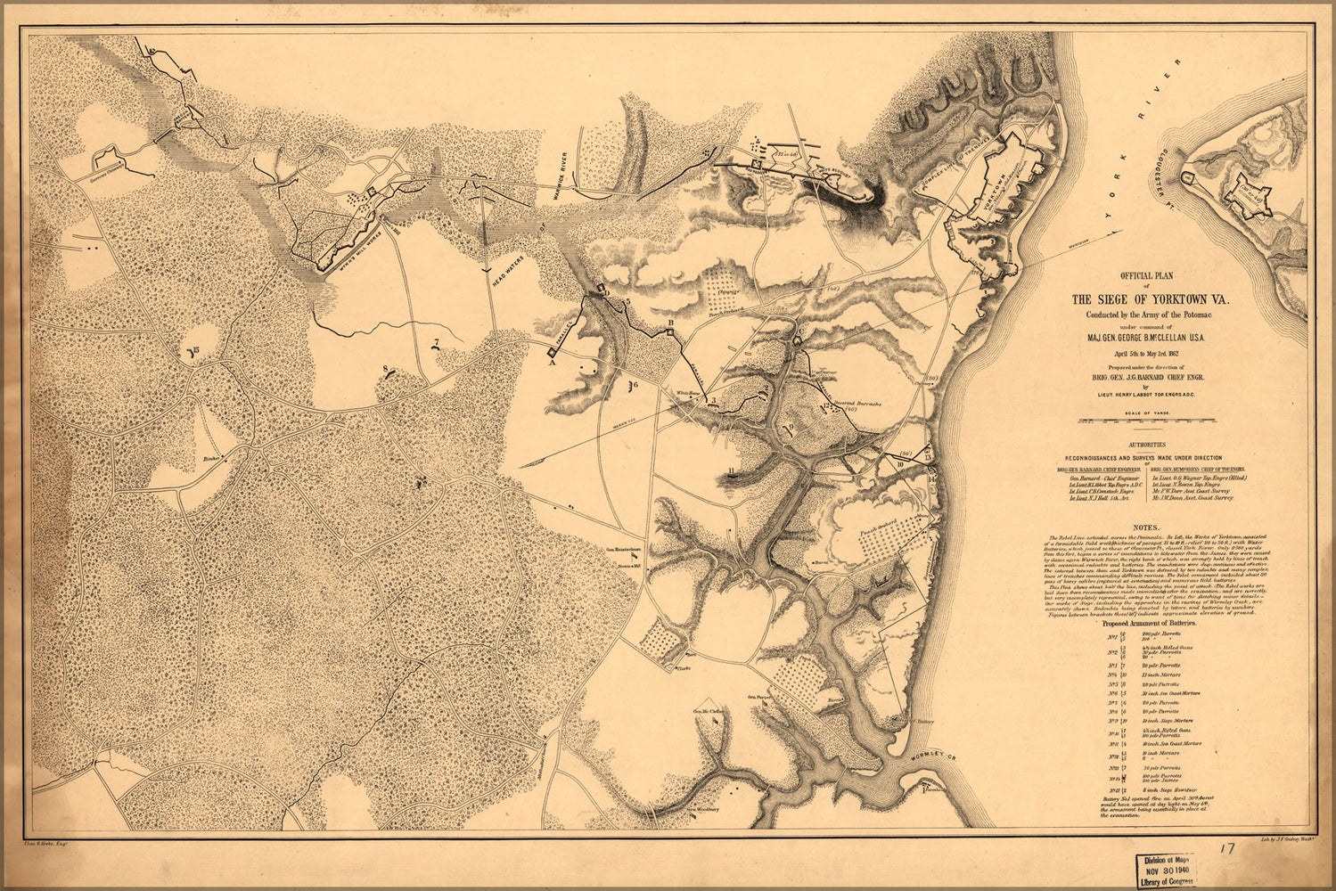 24"x36" Gallery Poster, map of siege of Yorktown virginia 1862