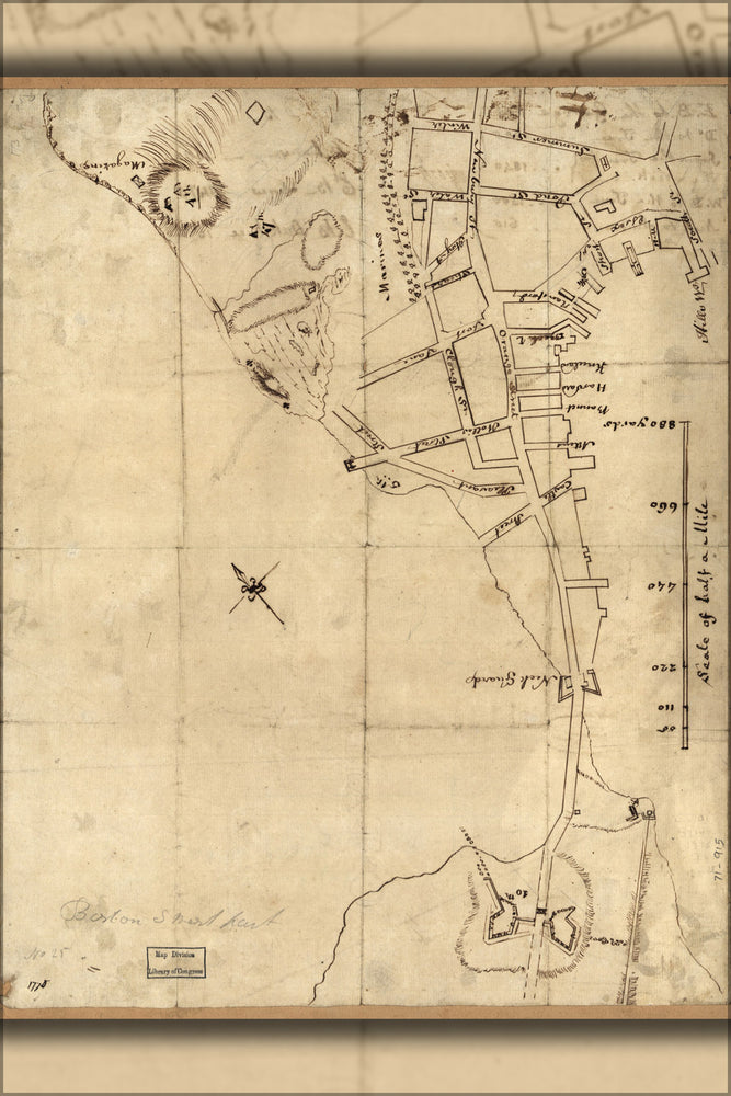 24"x36" Gallery Poster, map of south west Boston 1775