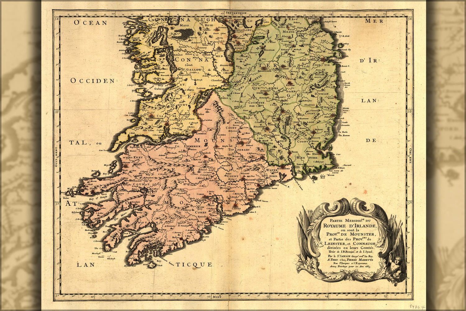 24"x36" Gallery Poster, map of southern ireland in french 1765