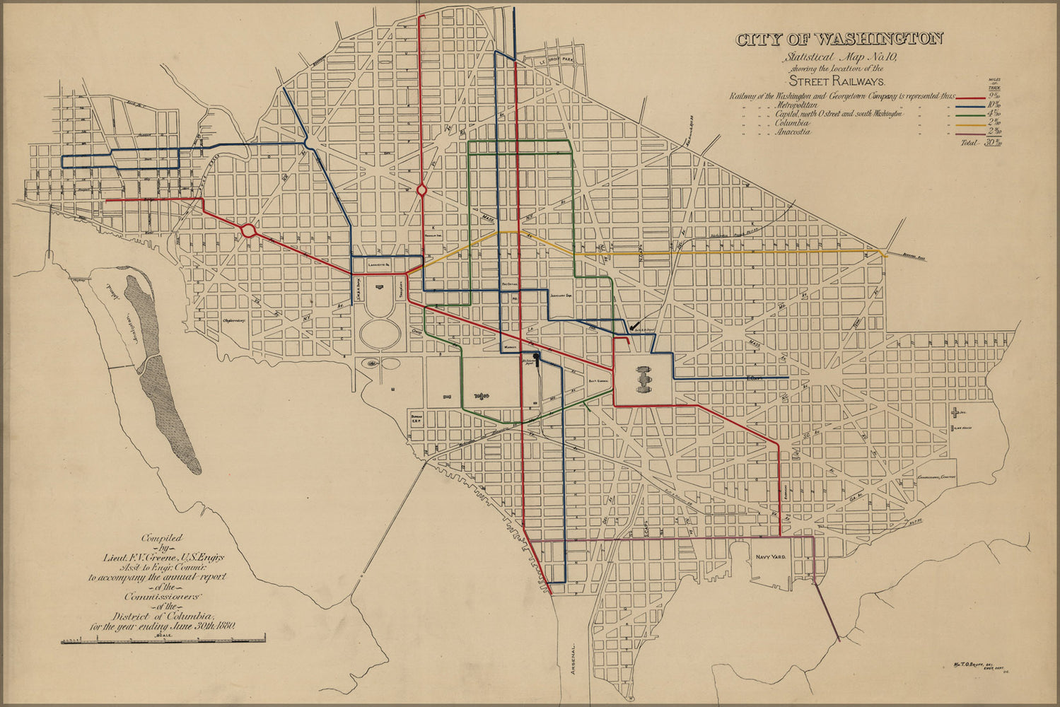 24"x36" Gallery Poster, map of street railways in washington d.c. 1880