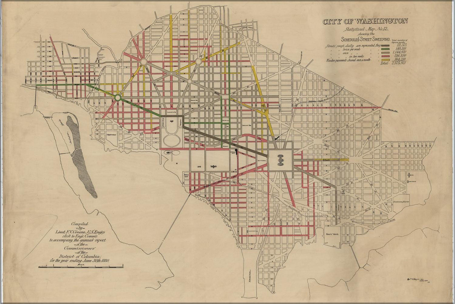 24"x36" Gallery Poster, map of street sweeping in washington d.c. 1880