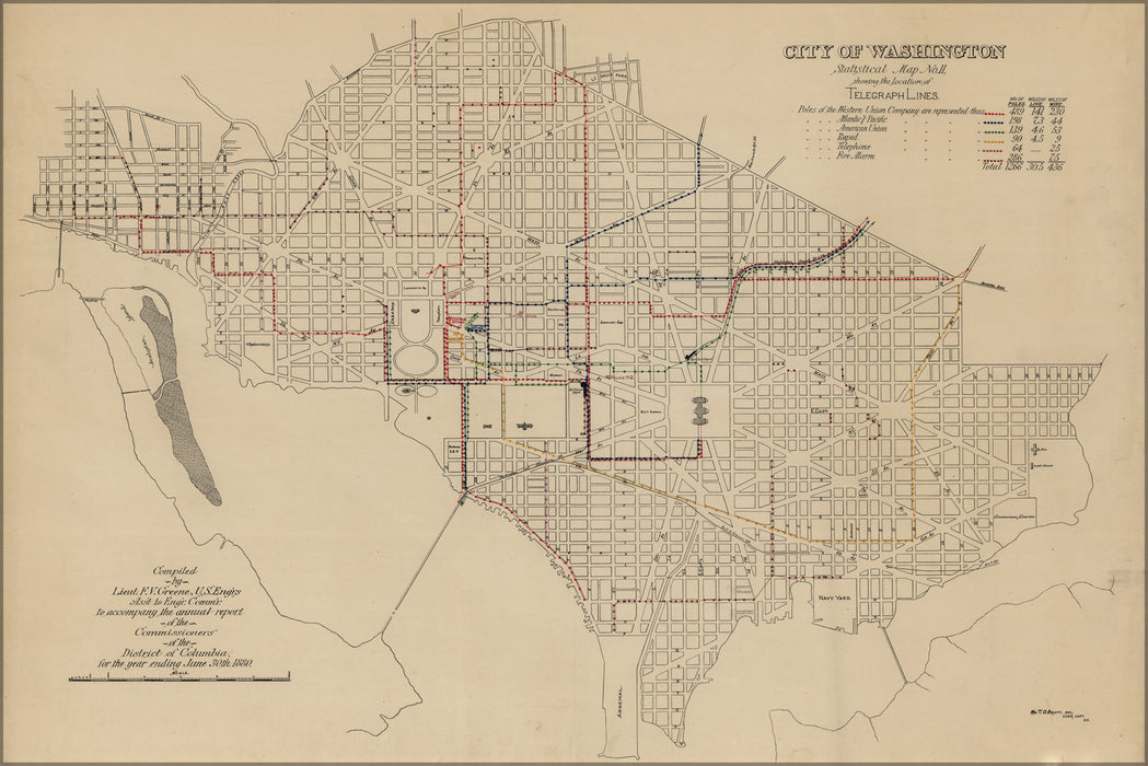 24"x36" Gallery Poster, map of telegraph lines in washington d.c. 1880