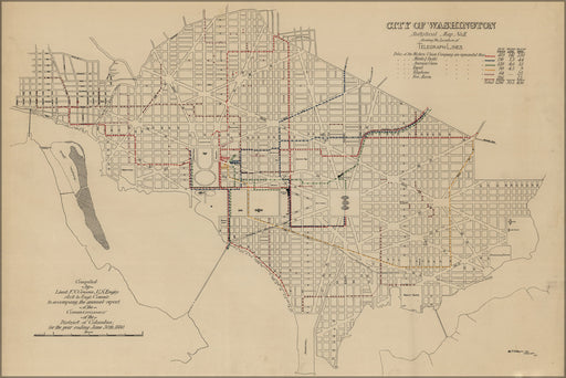 24"x36" Gallery Poster, map of telegraph lines in washington d.c. 1880