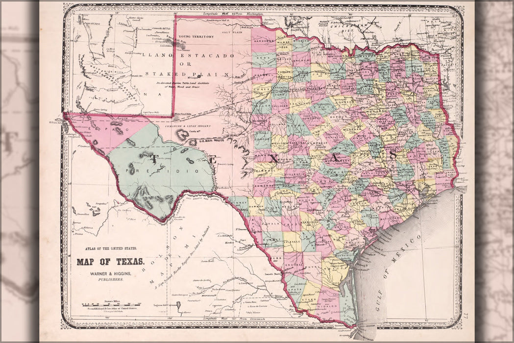 24"x36" Gallery Poster, map of texas 1870