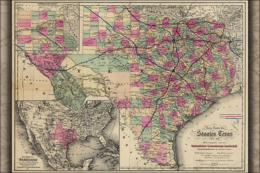 24"x36" Gallery Poster, map of texas 1881 in german