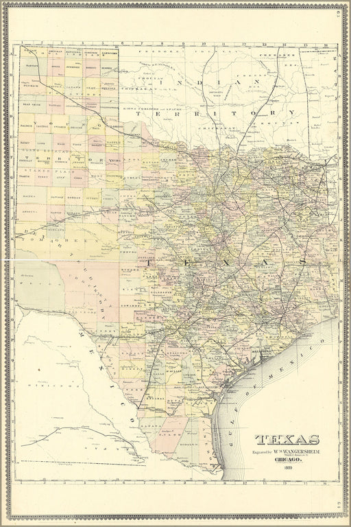 24"x36" Gallery Poster, map of texas 1889