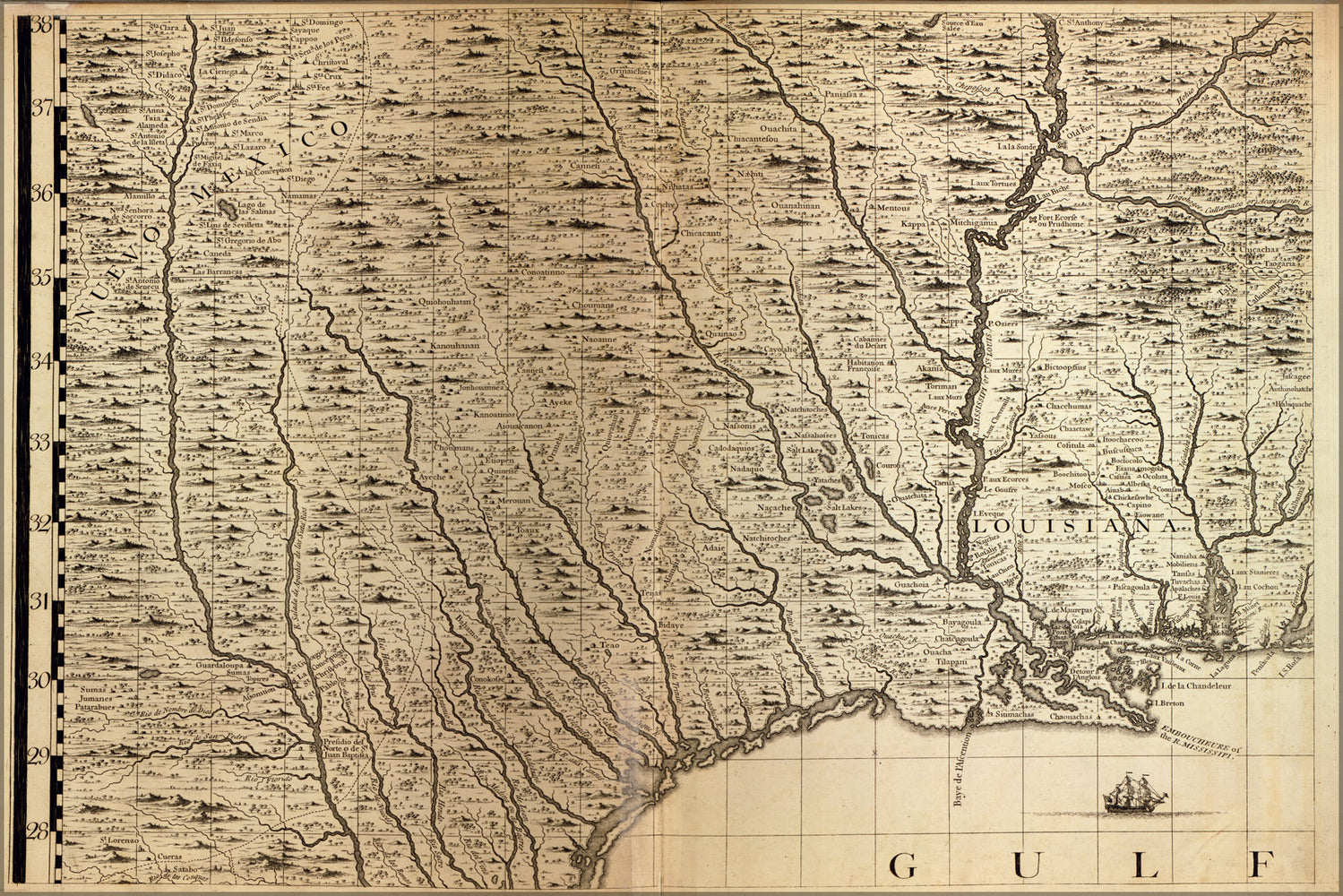 24"x36" Gallery Poster, map of texas, Louisiana 1733