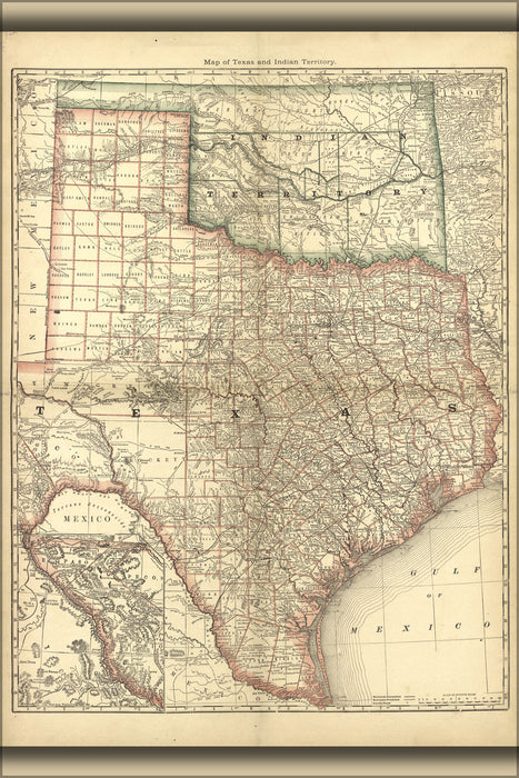 24"x36" Gallery Poster, map of texas & indian territory oklahoma 1881