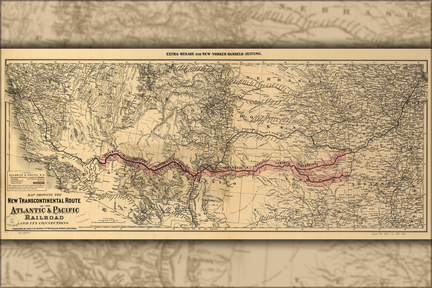 24"x36" Gallery Poster, map of the Atlantic & Pacific Transcontinental Railroad c1883