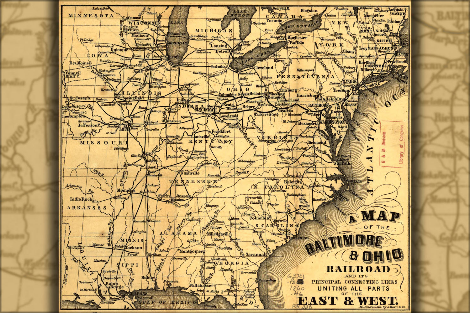 24"x36" Gallery Poster, map of the Baltimore & Ohio Railroad 1860