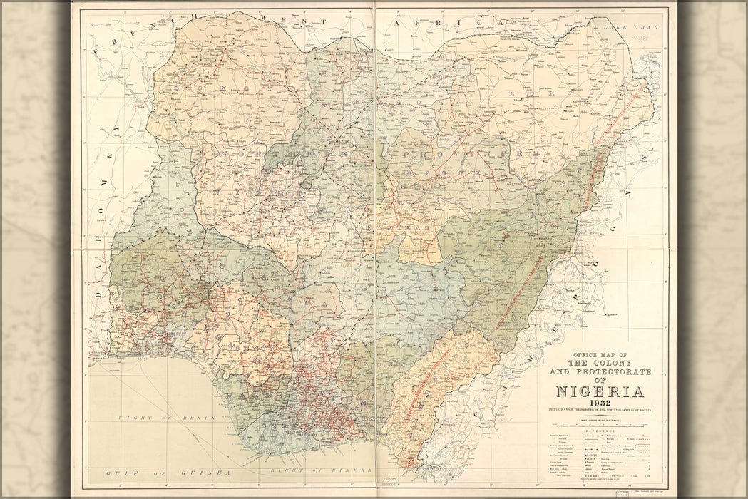 24"x36" Gallery Poster, map of the Colony of Nigeria, 1932