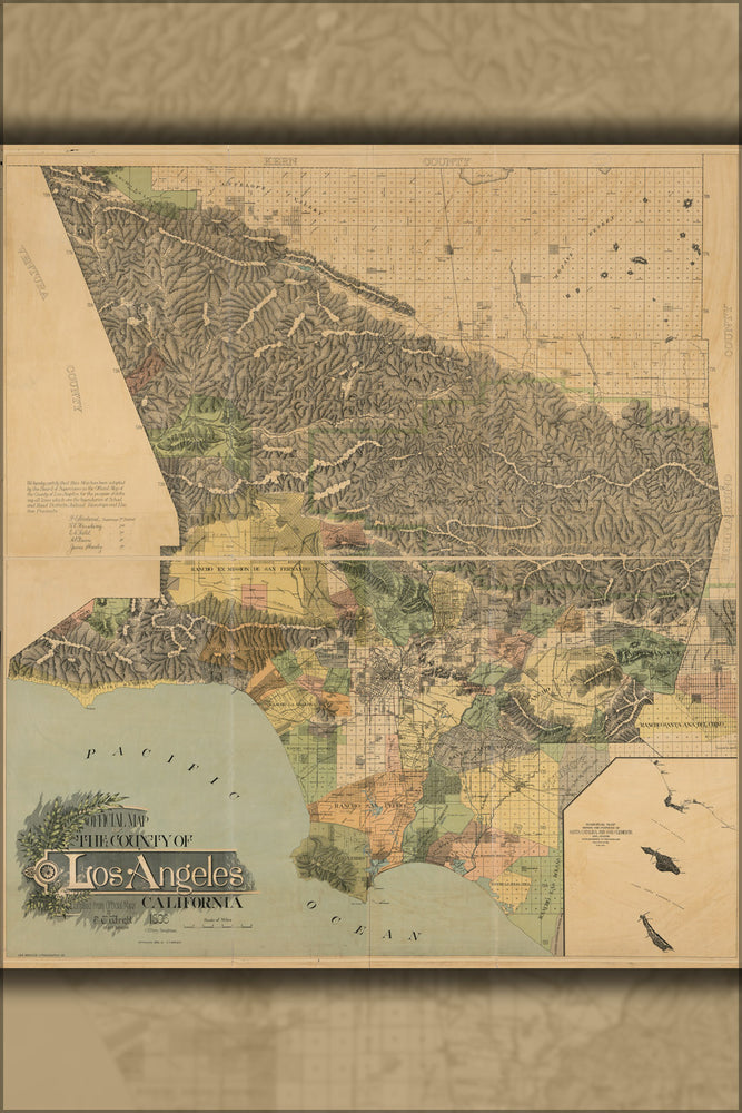 24"x36" Gallery Poster, map of the County of Los Angeles, California 1898