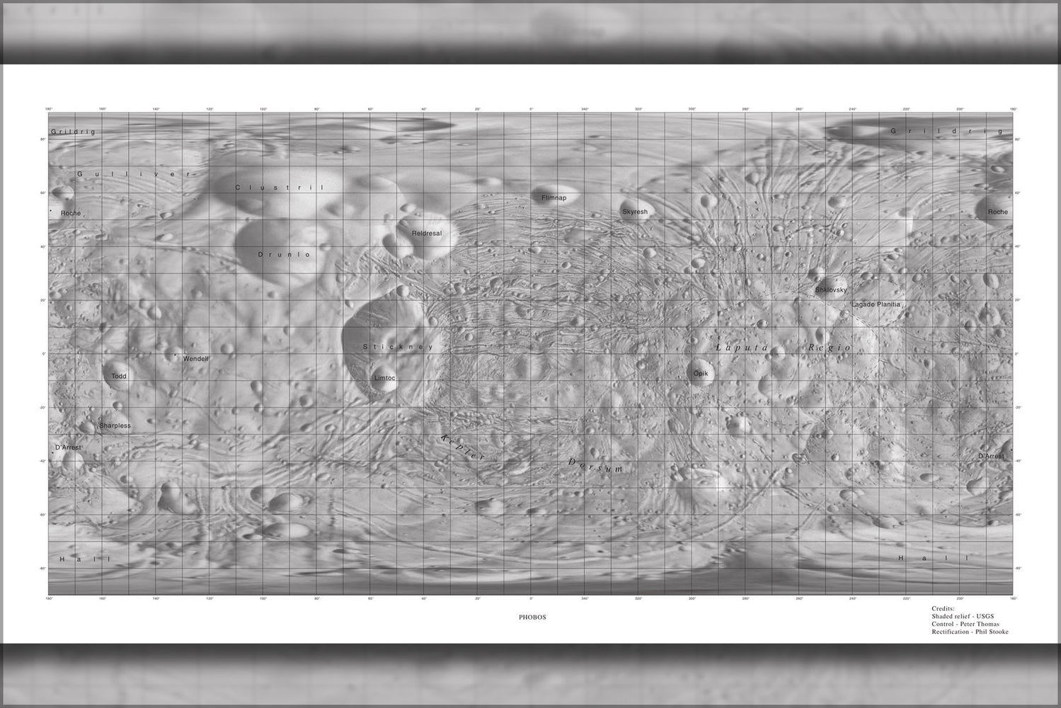 24"x36" Gallery Poster, map of the Mars moon Phobos