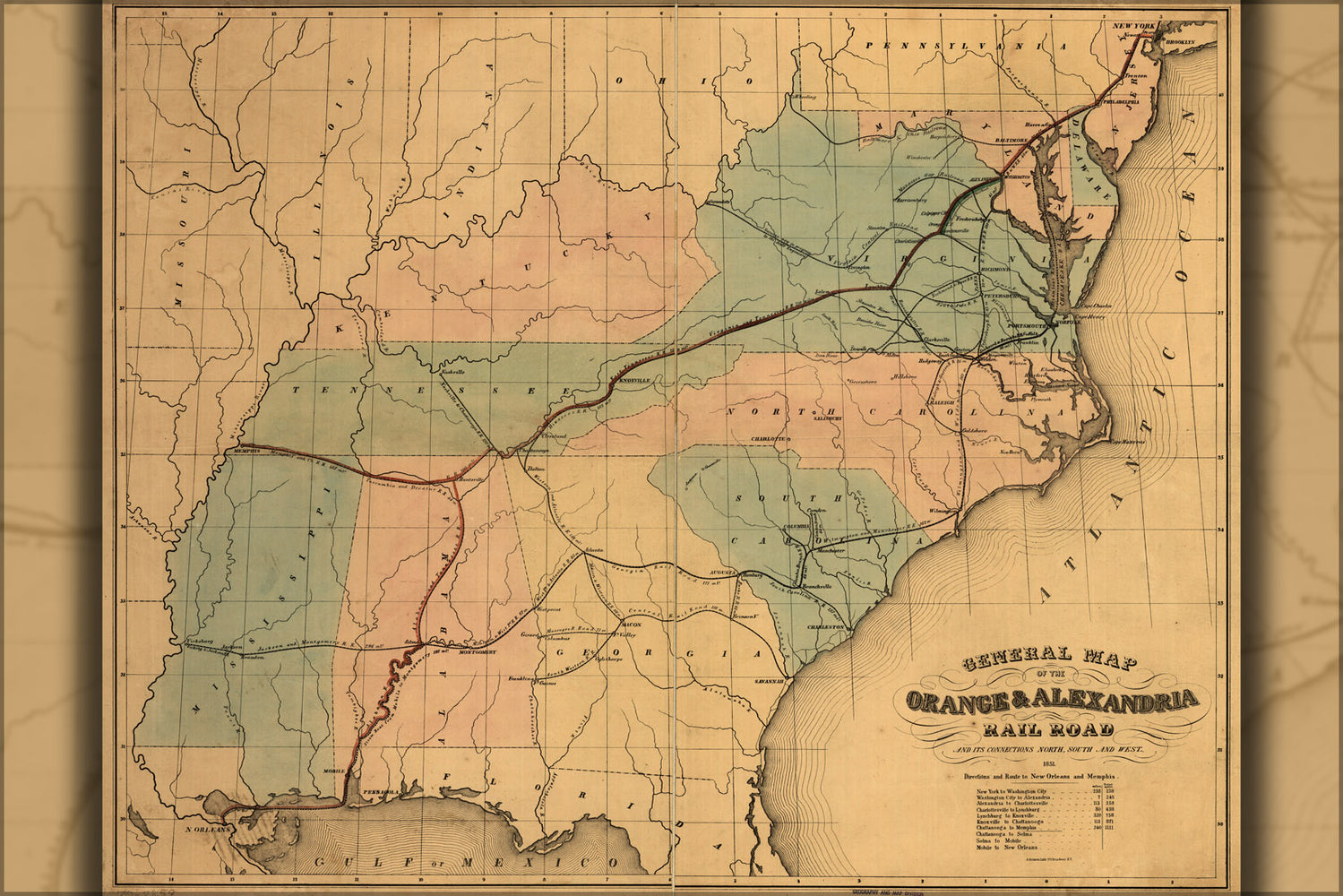 24"x36" Gallery Poster, map of the Orange & Alexandria RailRoad 1851