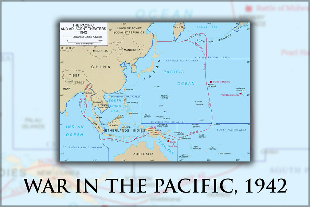 24"x36" Gallery Poster, map of the Pacific Theater of Operations showing its component areas and its relationship to South East Asia Comma