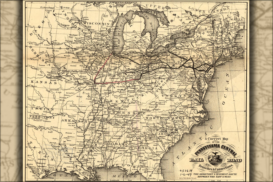 24"x36" Gallery Poster, map of the Pennsylvania Central RailRoad 1858