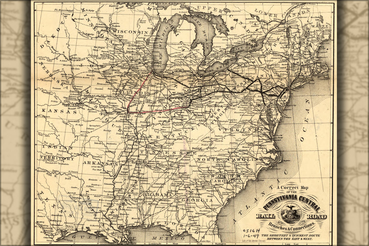 24"x36" Gallery Poster, map of the Pennsylvania Central RailRoad 1858