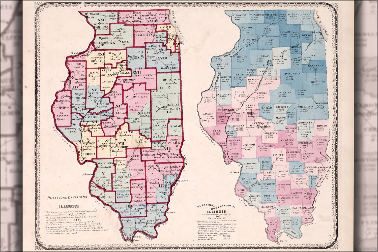 24"x36" Gallery Poster, map of the Political divisions of Illinois 1870