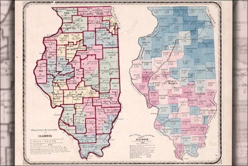 24"x36" Gallery Poster, map of the Political divisions of Illinois 1870