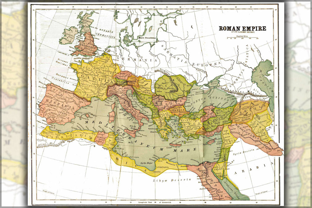 24"x36" Gallery Poster, map of the Roman Empire at its largest extent, with provinces, in 150 AD