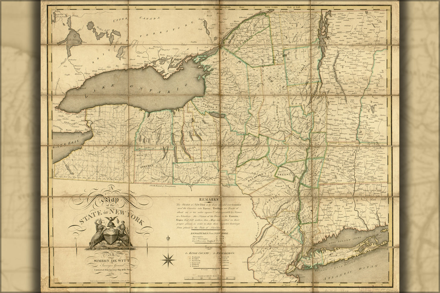 24"x36" Gallery Poster, map of the State of New York 1804