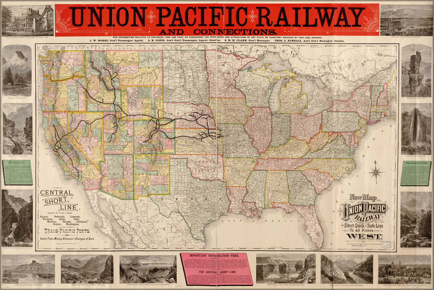 24"x36" Gallery Poster, map of the Union Pacific Railway railroad 1883