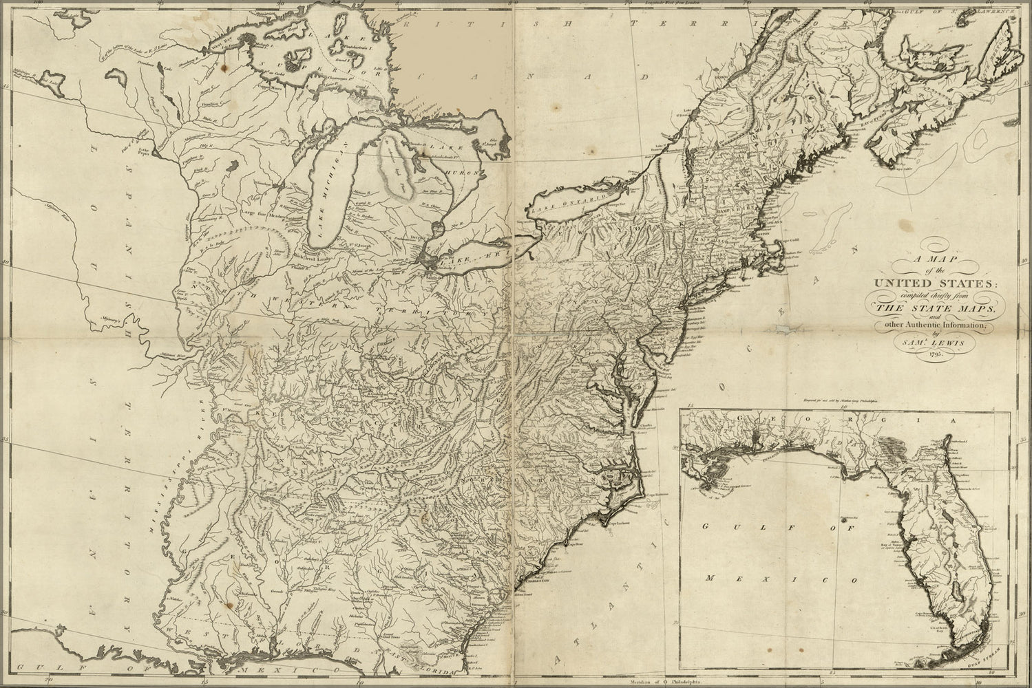 24"x36" Gallery Poster, map of the United States 1795