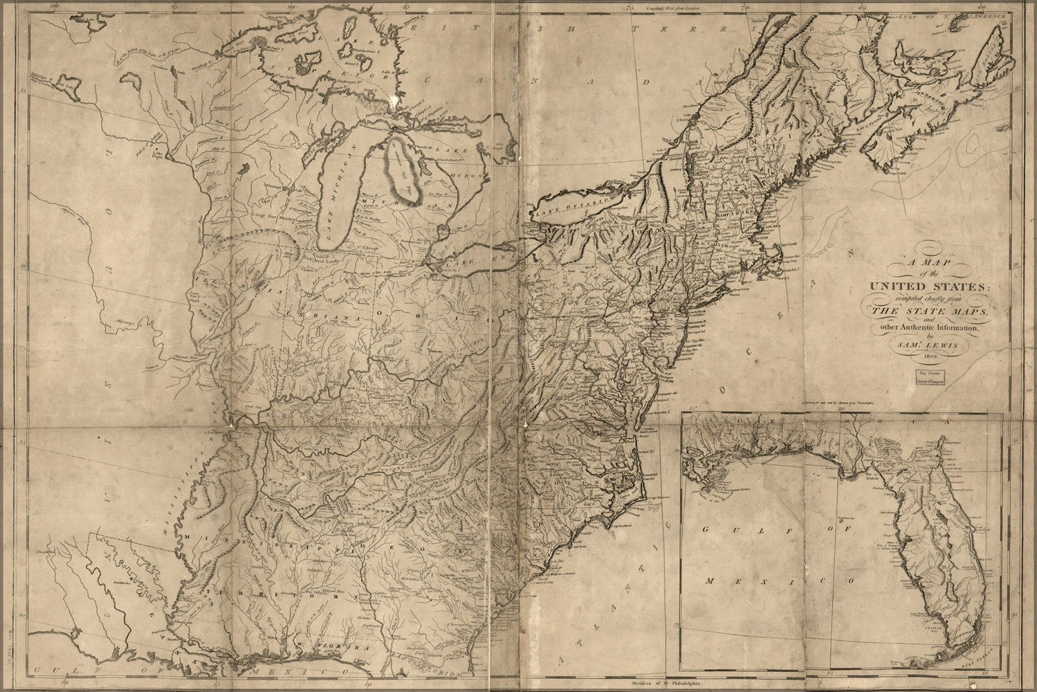 24"x36" Gallery Poster, map of the United States 1809