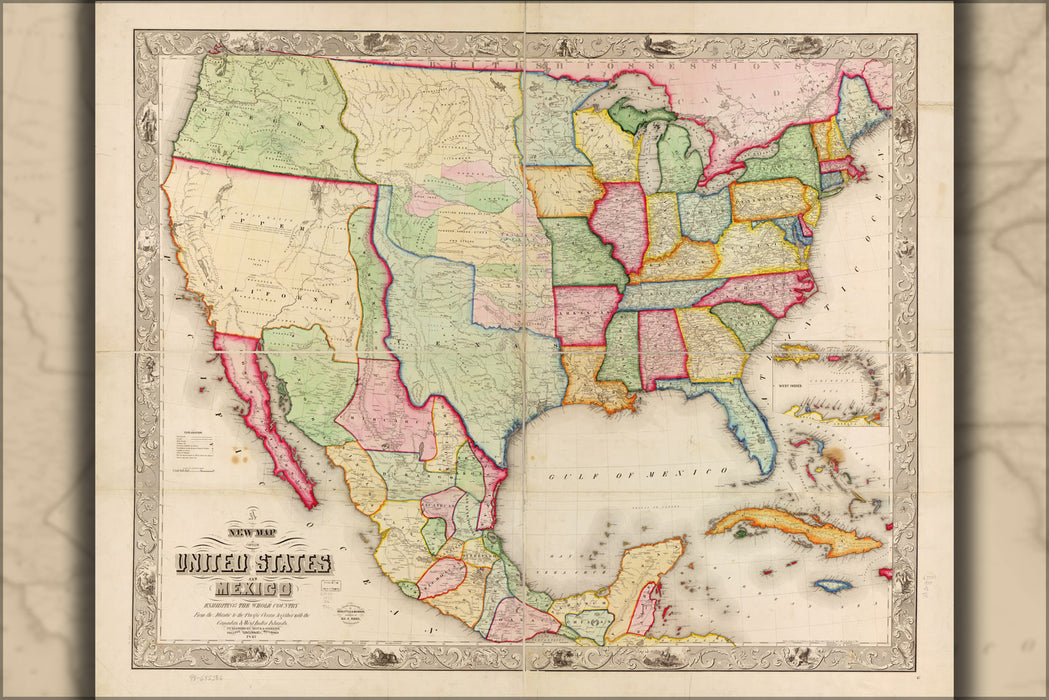 24"x36" Gallery Poster, map of the United States and Mexico 1847